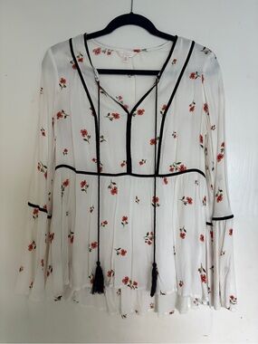 White boho Peasant Blouse with Red Floral and Black Trim
